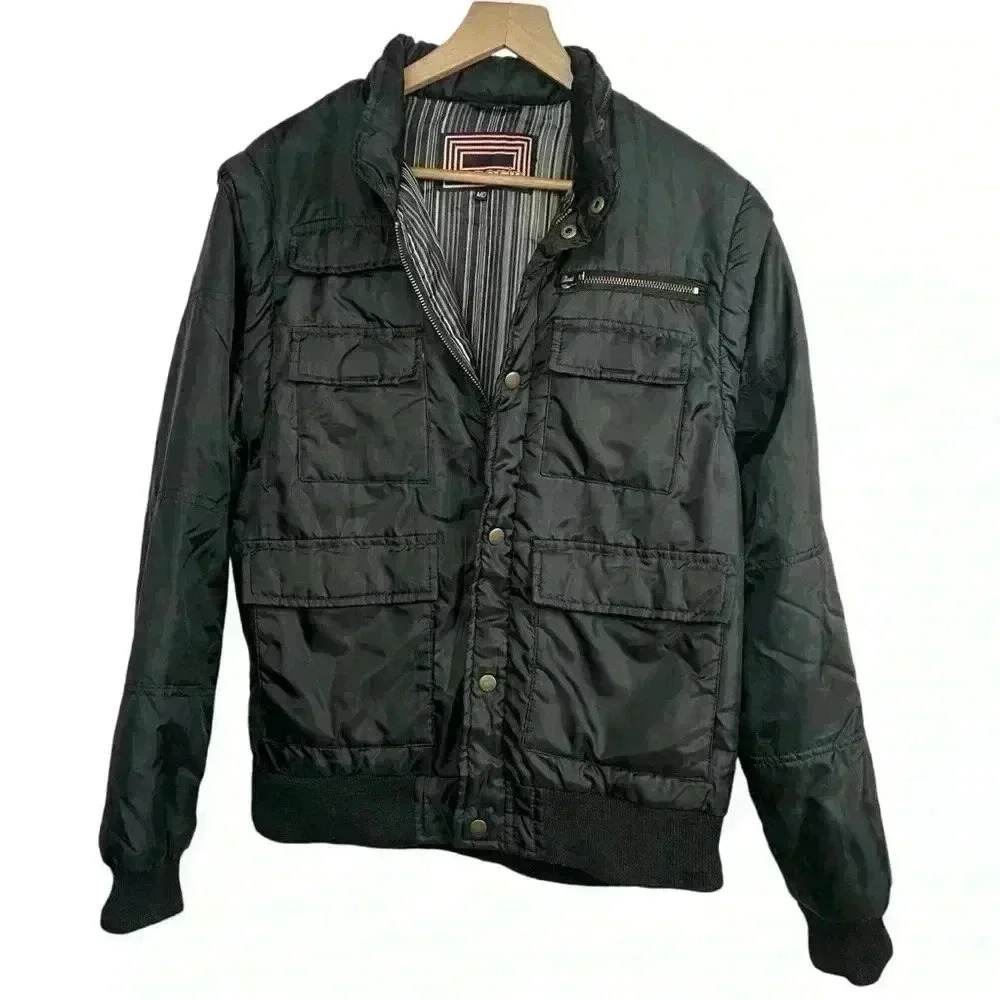 Sarin Black Bomber Jacket; Hideaway Hood & Detachable Arms | Size Medium